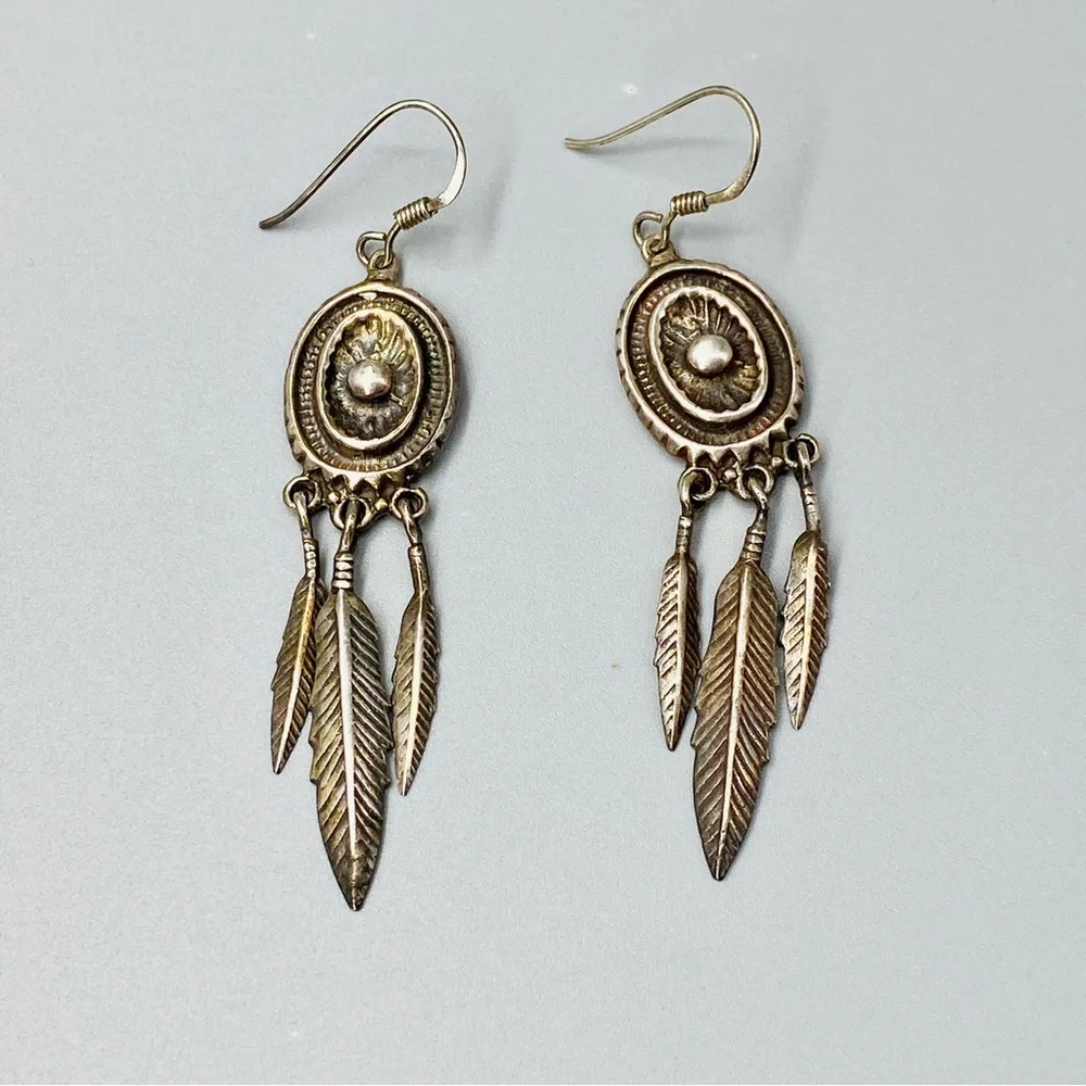 Vintage Sterling Silver Earrings Southwest Style with Shield & Feathers - Picture 2 of 10